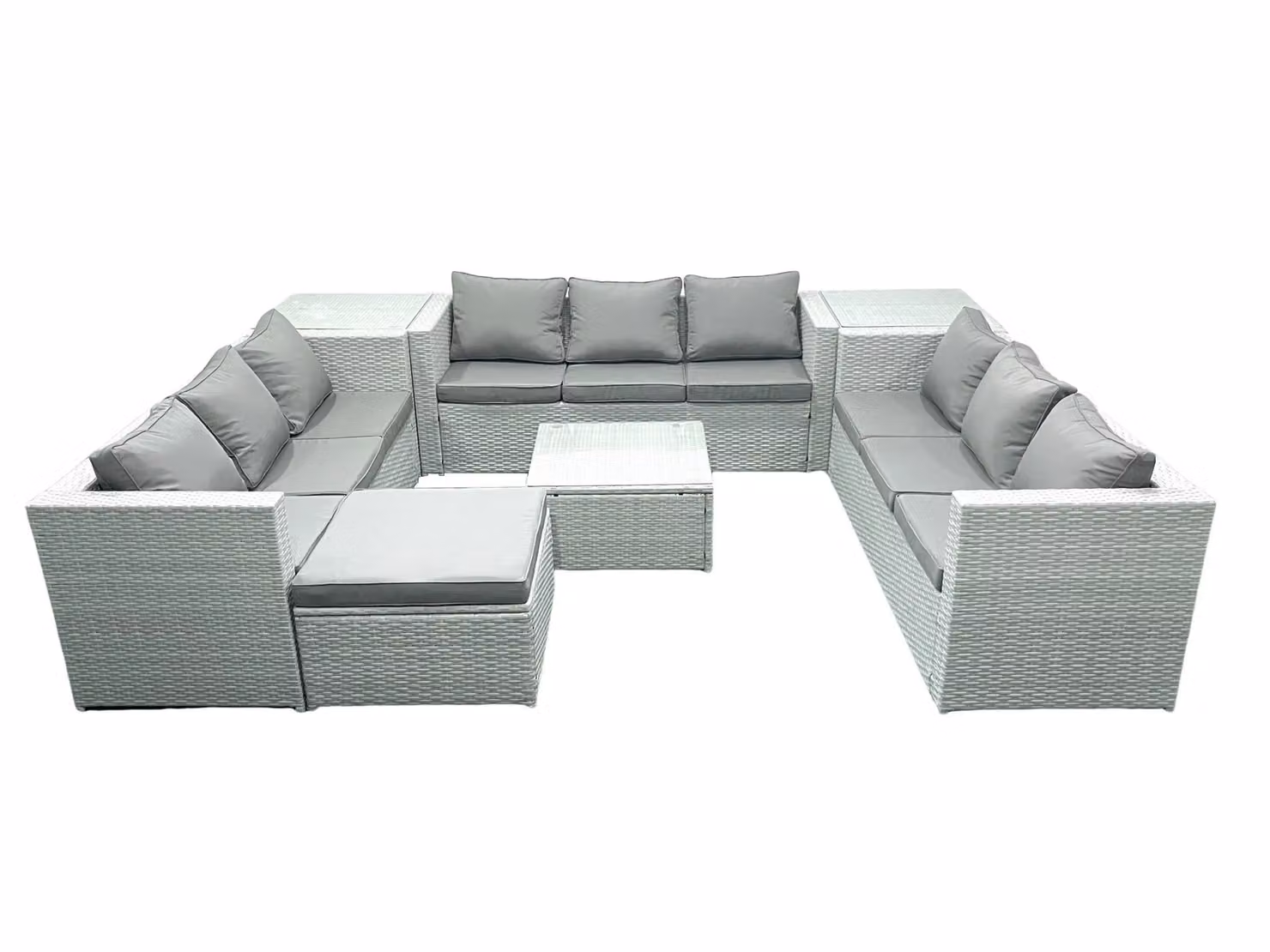 Fimous 10 Seater Rattan Garden Furniture Set in Light Grey with U-Shape Sofa, Ottoman, Coffee Table and Two Side Tables – 2