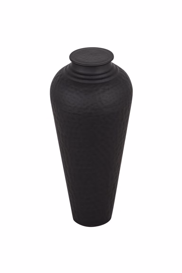 KDMD Matt Black Hammered Metal Vase with Lid for Modern Floral Tabletop Decoration