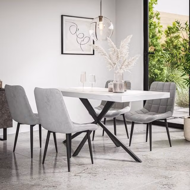 More4Homes Donni Dining Table and 4 Nova Grey Velvet Chairs Set, White Marble Effect Top with Black Legs, W/D/H: 160 x 80 x 76 cm