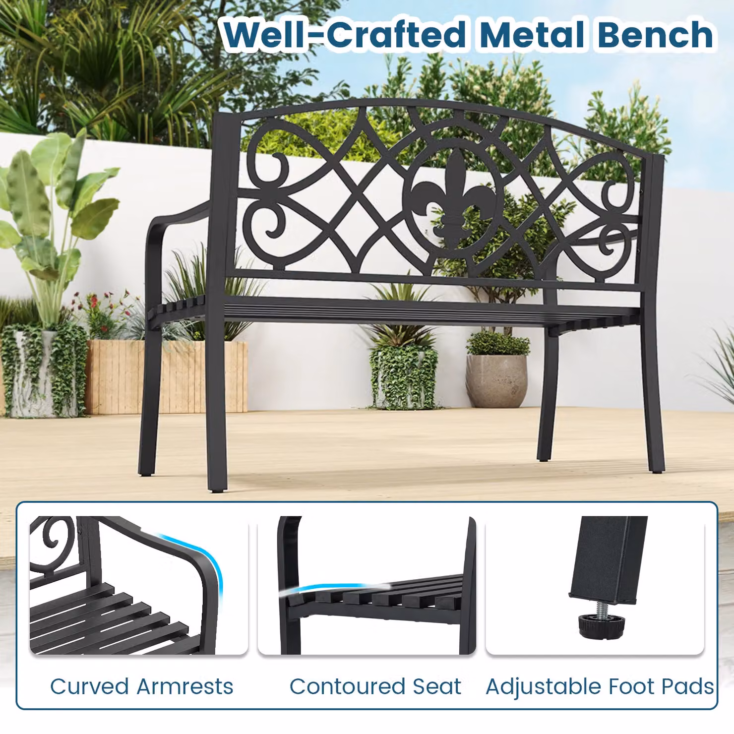 Costway Outdoor Garden Bench with Metal Slatted Seat and Cast Iron Backrest in Matt Black – 8