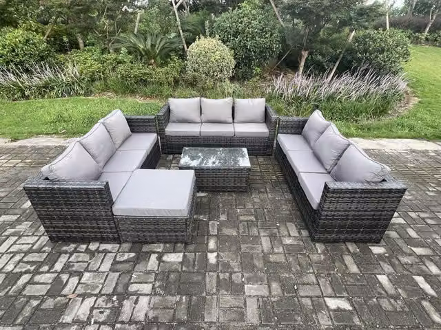 Fimous Outdoor Lounge Sofa Set with Oblong Coffee Table and Footstool in Dark Grey PE Rattan