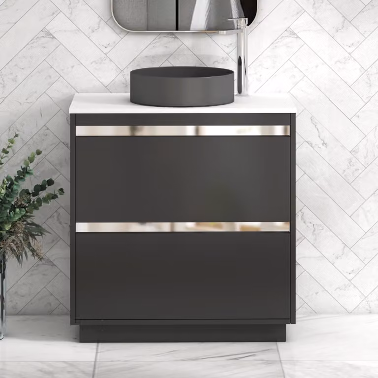 Royal Bathrooms Orion 800mm Matt Obsidian Black Floor Standing Vanity Unit with Plain White Countertop, 2 Drawers and Art Round Basin