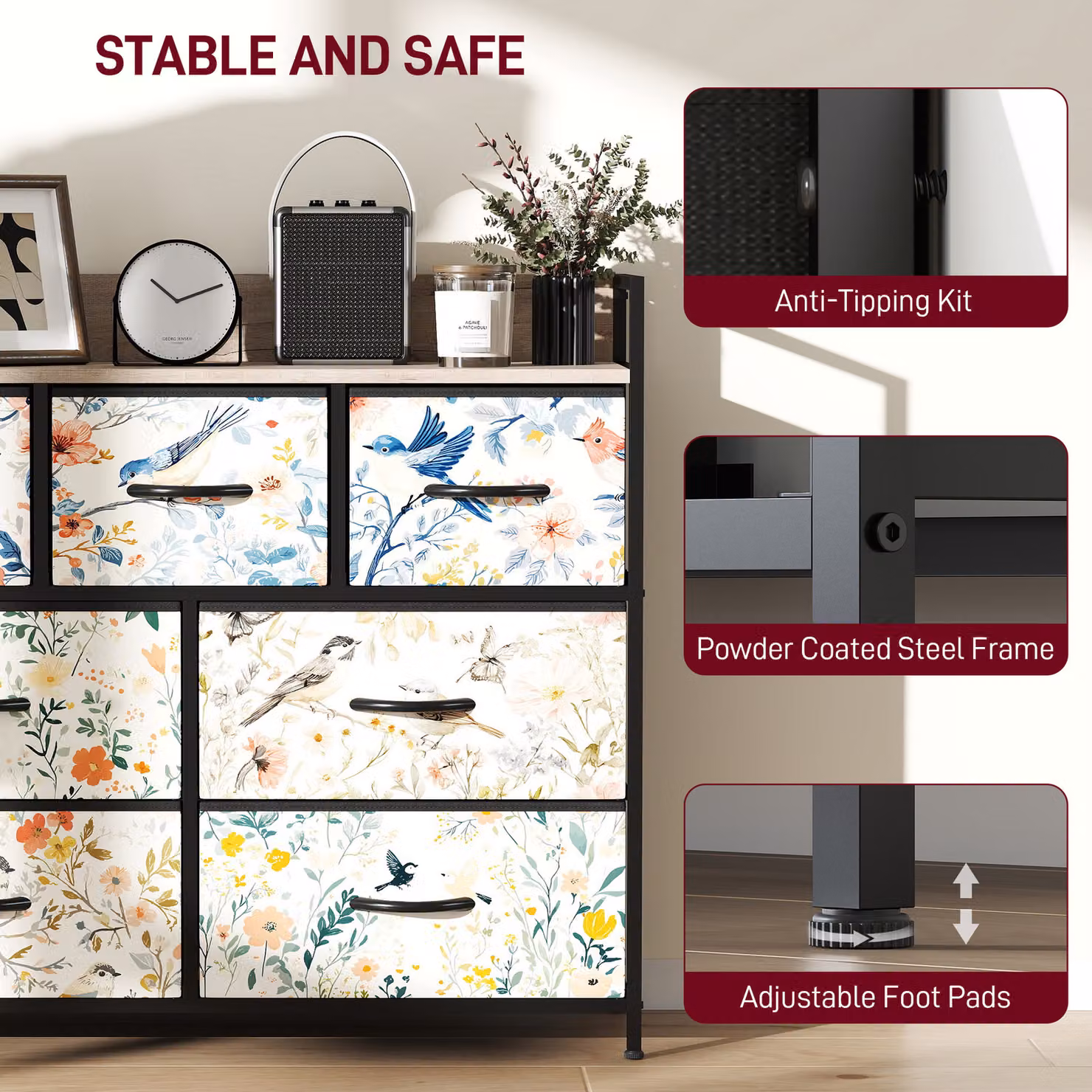 HOMCOM 7-Drawer White Modern Floral Chest of Drawers – 7