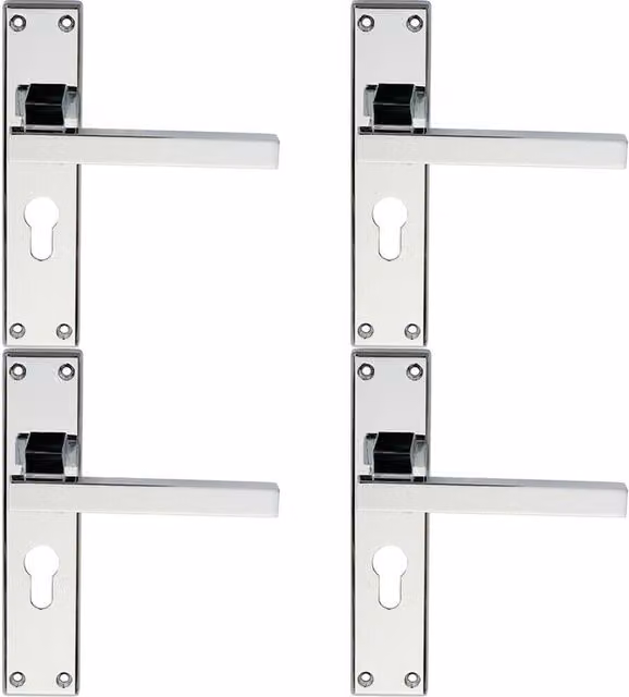 Loops 4 Pairs of Straight Square Lever on Euro Lock Backplate in Polished Chrome, W: 180 mm x H: 40 mm