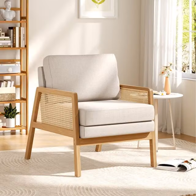 Komore Rustic Solid Wood and Rattan Armchair with Beige Fabric Cushions
