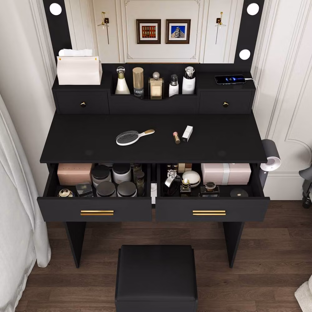 Rolipo Black Modern Makeup Vanity Desk with Hollywood LED Lights and Stool – 6