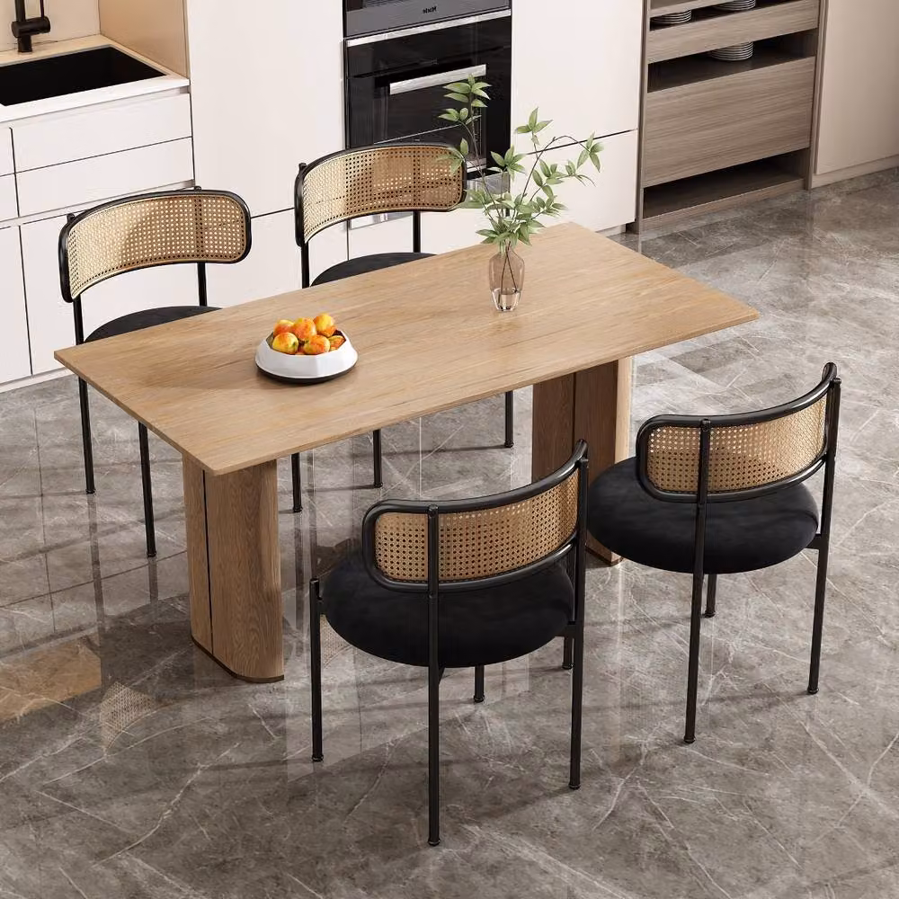 Rolipo Set of 4 Black Velvet Dining Chairs with Rattan Backrest and Metal Legs – 2