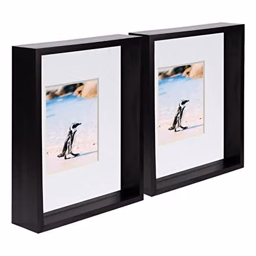 Nicola Spring Pack of 5 Black Rectangular 3D Deep Box Wooden Photo Frames with White Mounts