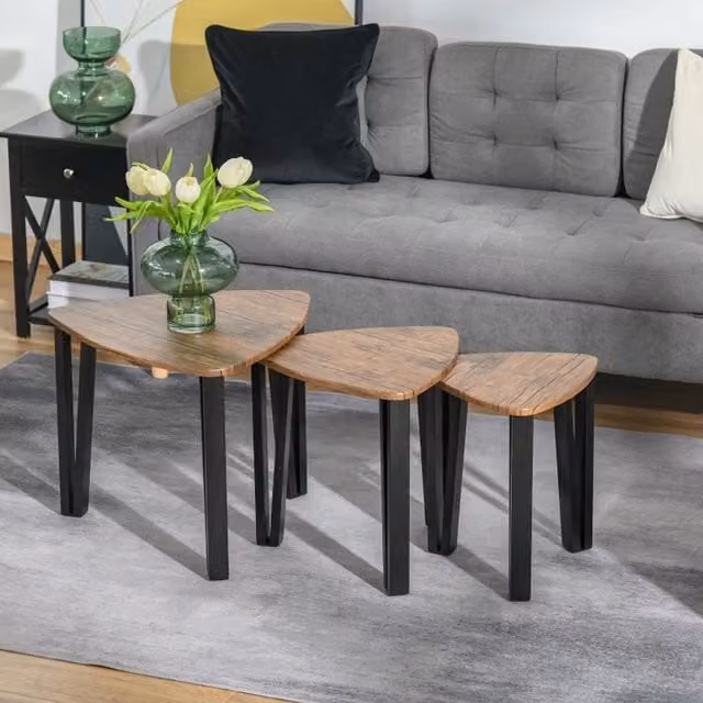 STILVORA Set of 3 Modern Nesting Tables with Brown MDF Laminate Tops and Metal Legs – 1