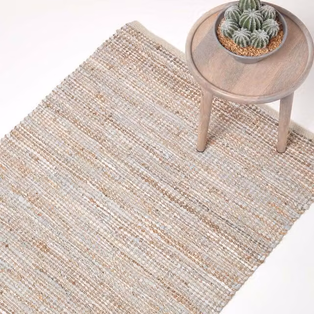 Homescapes Madras Leather and Hemp Woven Rug in Beige and Grey, W/D: 150 x 240 cm
