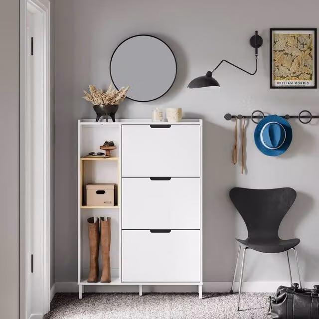 SoBuy Modern Slim Shoe Cabinet with Bamboo Shelves and Hinged Doors in White or Black