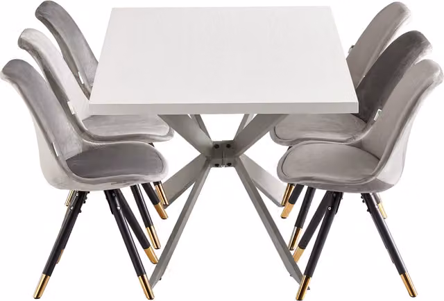 Life Interiors Sofia Duke LUX Dining Set with Rectangular Table and 6 Grey Faux Leather Chairs with Gold Metal X-Frame Details