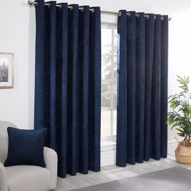 Divante Blue Chenille Thermal Insulating Opaque Eyelet Curtains