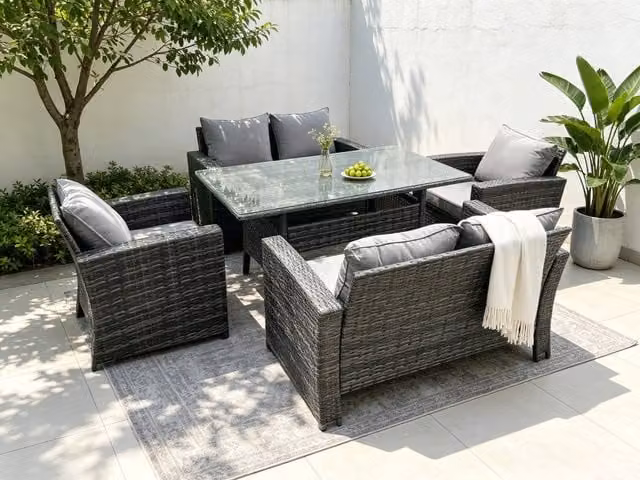 Fimous 6 Seater Outdoor High Back Rattan Sofa Dining Table Set in Dark Grey Mixed