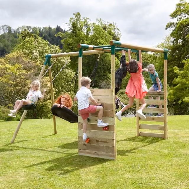 Rebo Halley Wooden Triple Swing Set with Climbing Wall and Monkey Bars in Green and Brown