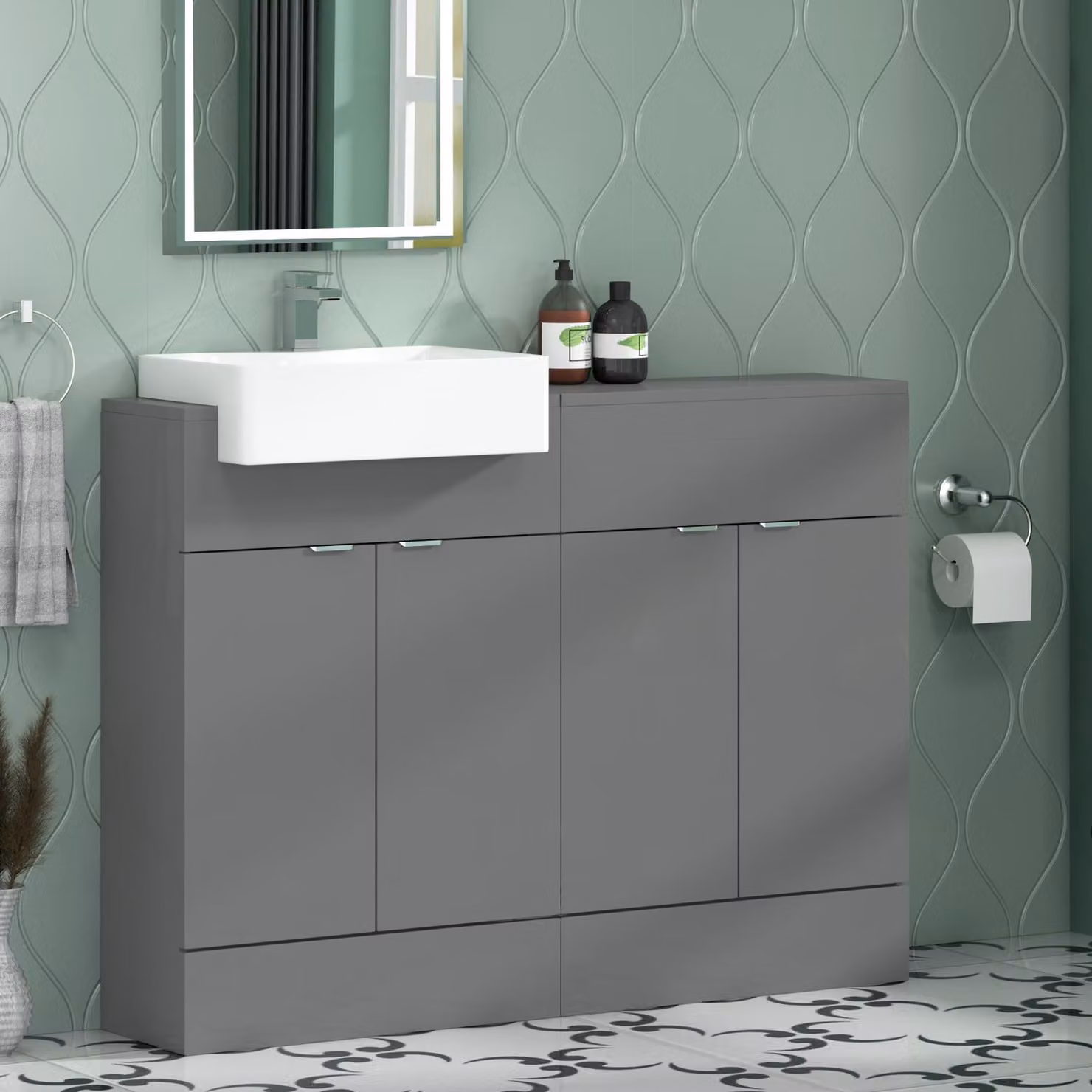 Royal Bathrooms Elena 1200mm Floor Standing Vanity Sink Unit in Indigo Grey Gloss with 4 Doors and Semi Recessed Basin