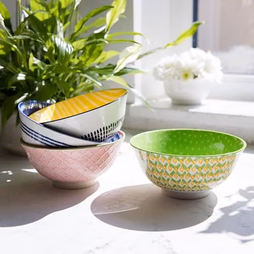 KitchenCraft Set of 4 Green Geometric Stoneware Ceramic Bowls – 4