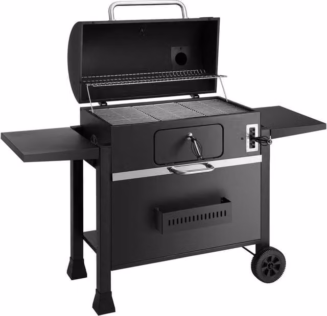 VOGREX Charcoal BBQ Grill with Extra Smoker, Adjustable Ash Tray and Thermometer in Black, W/D/H: 152.0 x 104.5 x 63.0 cm – 1