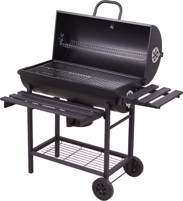 Livingandhome Portable Barrel Charcoal BBQ Grill with Cart in Black and Chrome Metal