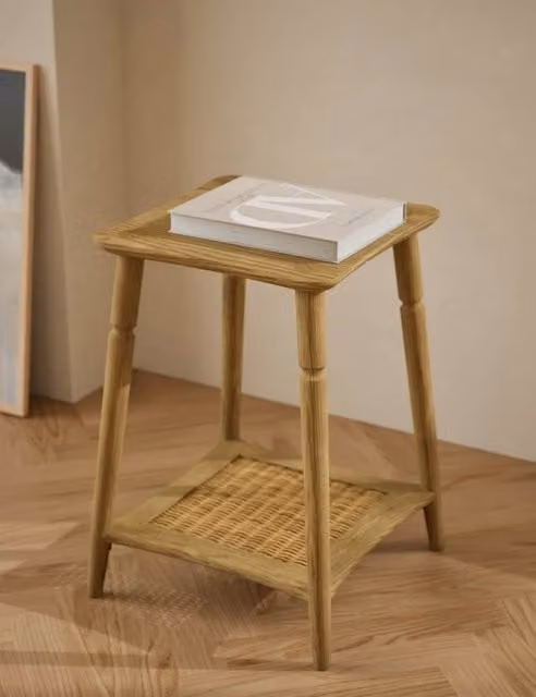 M&S Harlow Rustic Oak and Rattan Square Side Table in Brown and Multicolour