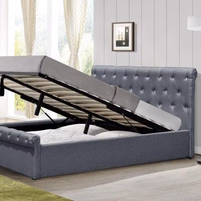 Comfy Living Grey Fabric Diamante Chesterfield Ottoman Sleigh Bed, W/D/H: 90 x 200 cm
