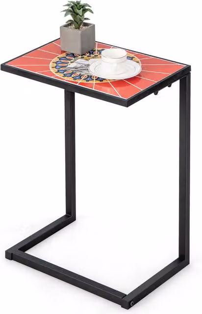 COSTWAY C-Shaped Sofa Side Table in Red with Ceramic Top