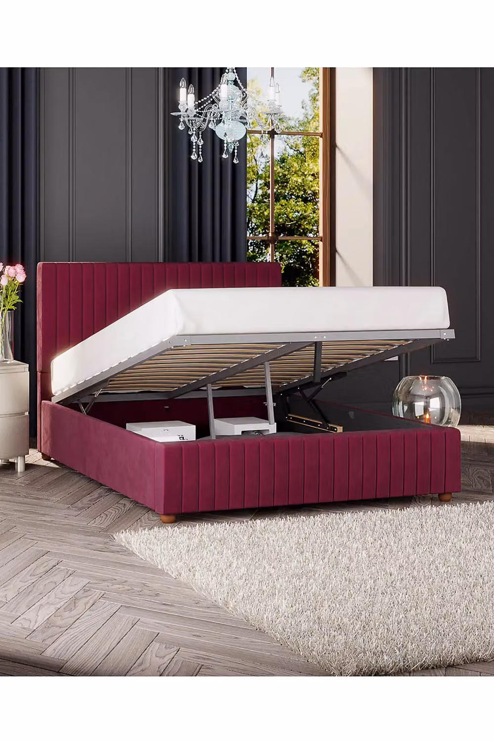 Laurence Llewelyn-Bowen Estella Ottoman Storage Bed in Wine Plush Velvet Fabric, Super King, W: 200 cm x D: 200 cm – 2