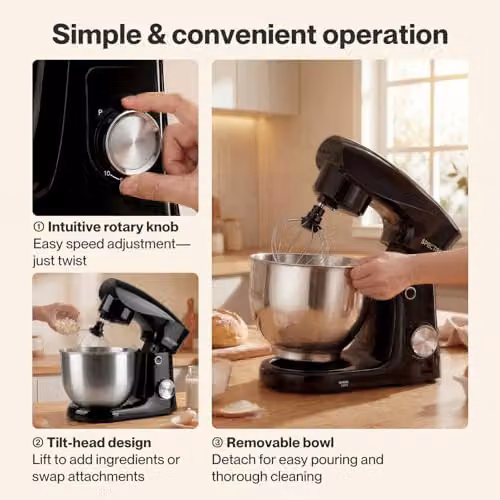 Spector 1500W Tilt-Head Electric Stand Mixer in Black with 5L and 4.5L Stainless Steel Bowls, 10-Speed Settings and Dough Hook, Whisk and Beater – 10