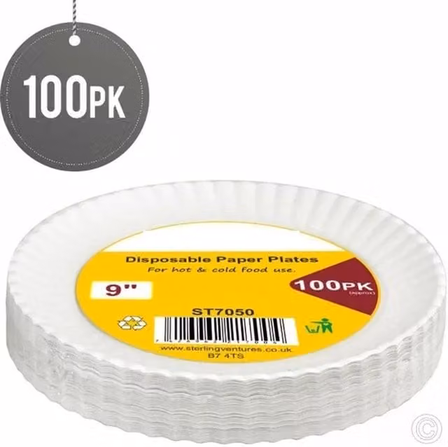 UMKY 100 Disposable White Paper Plates, 22.86 cm, for Hot and Cold Food