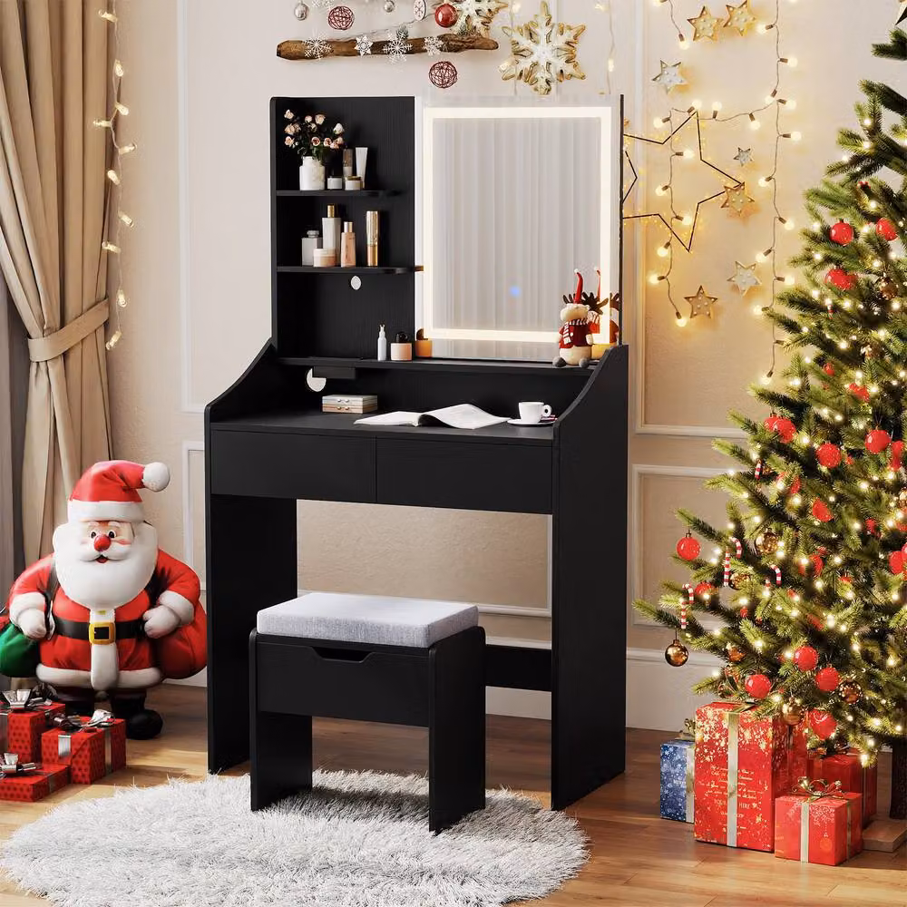 Costway Modern Wooden Vanity Desk Set with Hollywood LED Mirror and Storage Stool in Black – 5