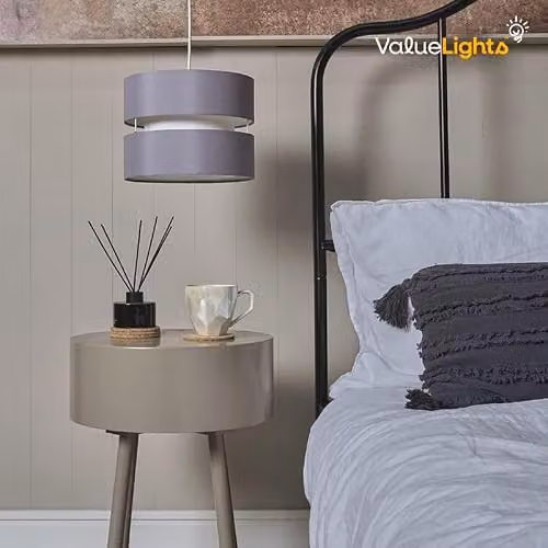 ValueLights Set of 2 Modern Grey Fabric Cylinder Ceiling Lamp Shades with 10W Warm White LED Bulbs, Shade Width: 26 cm – 3