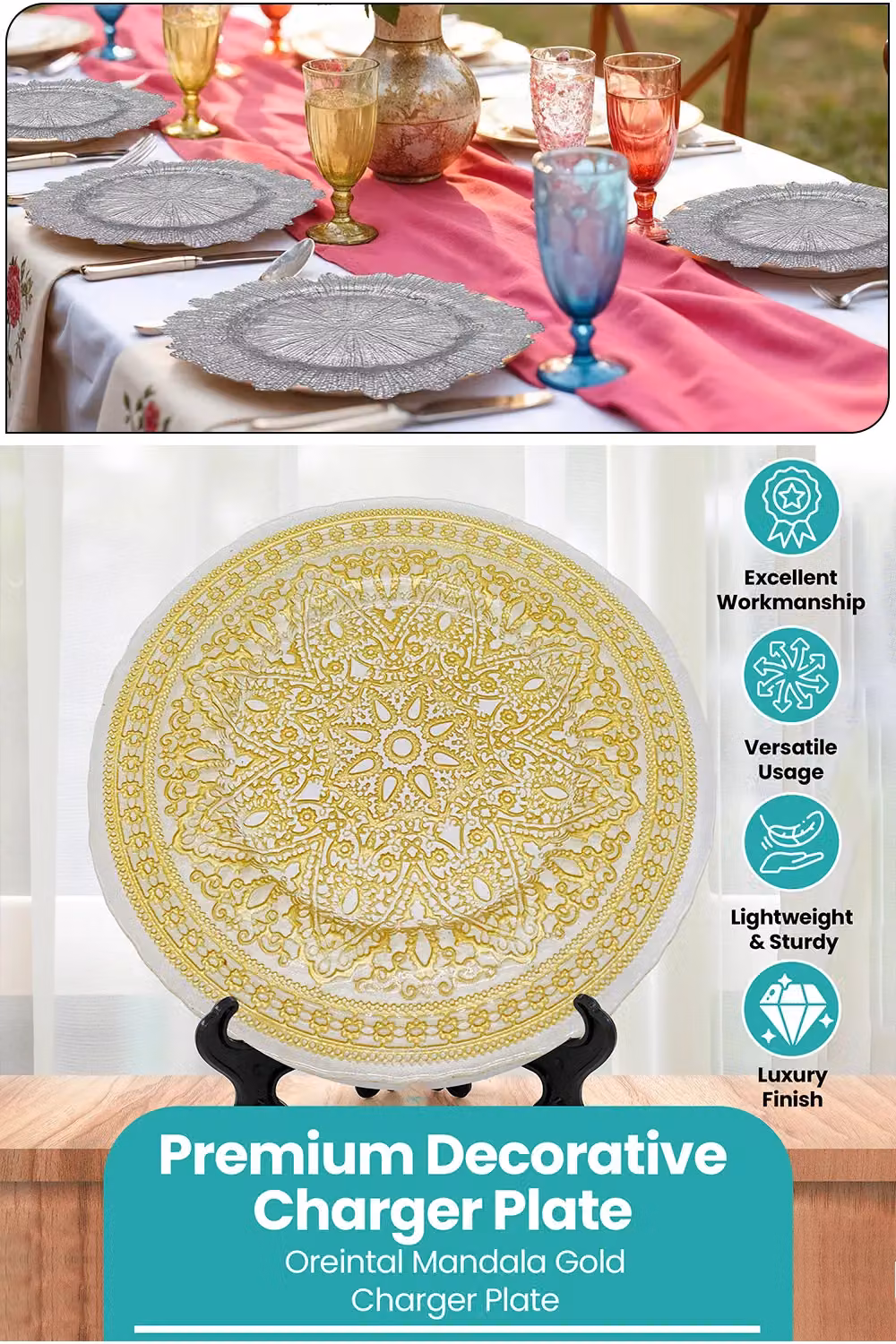 Neel Blue Mandala Flower Design Glass Charger Plates in Blue and Metallic Gold, Diameter: 33 cm – 2