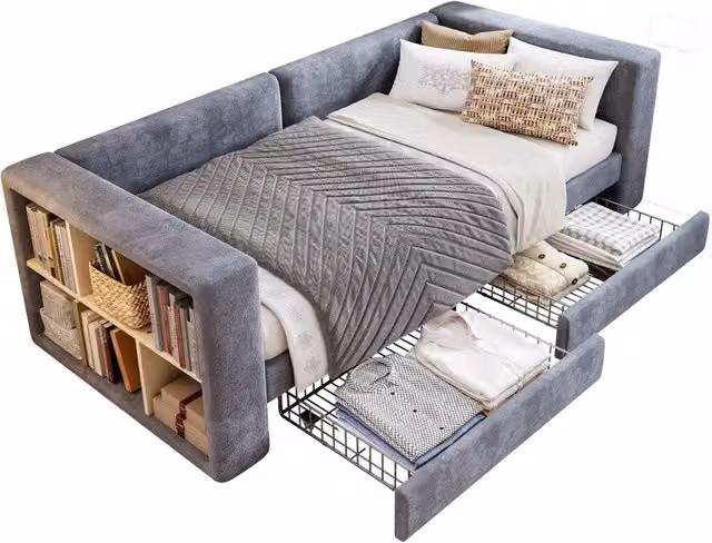 FORGEVIO Modern Upholstered Velvet Bed Frame with Drawers in Grey, W/D/H: 90 x 190 cm