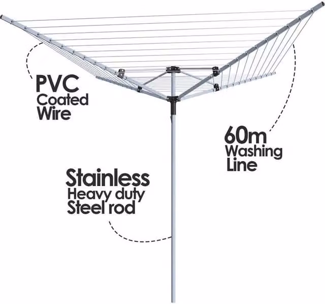 Spetlek 60m Rotary Airer Garden Clothes Line Dryer with 4 Arms in Silver, H 100 cm x W 60 cm – 1