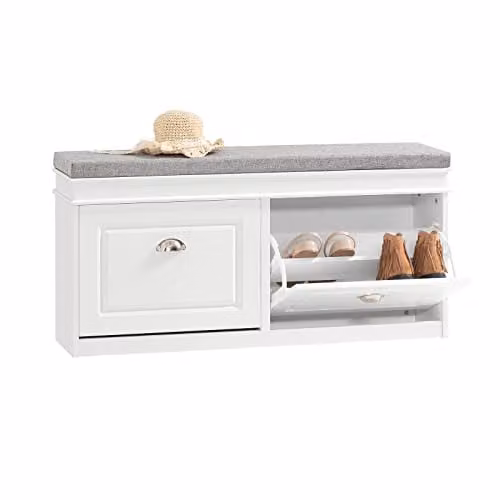SoBuy White Shoe Storage Bench with Fabric Seat Cushion and Flip Drawers, W/D/H: 104 x 24 x 52 cm