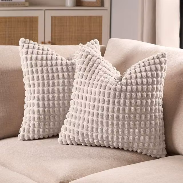 OHS Pack of 2 Bobble Tufted Square Cushion Covers in Beige, Yellow and White