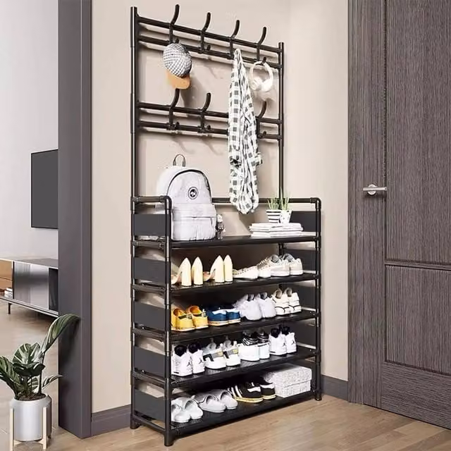 VOGREX 5 Tier Metal Hall Tree with Bench and 8 Hooks Shoe Rack in Matt Black – 1
