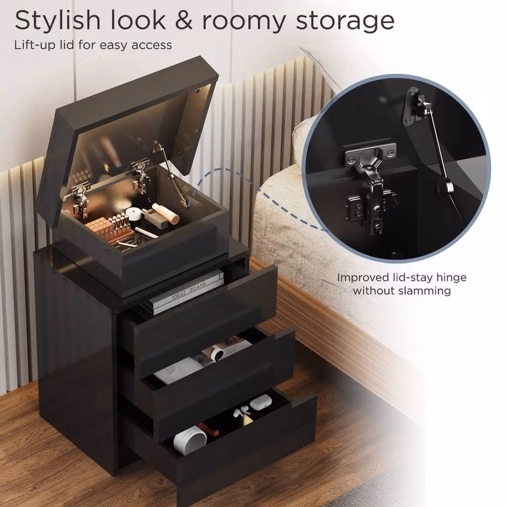 FORGEVIO Modern Black Bedside Nightstand with 3 Drawers and Integrated RGB LED Lighting – 3