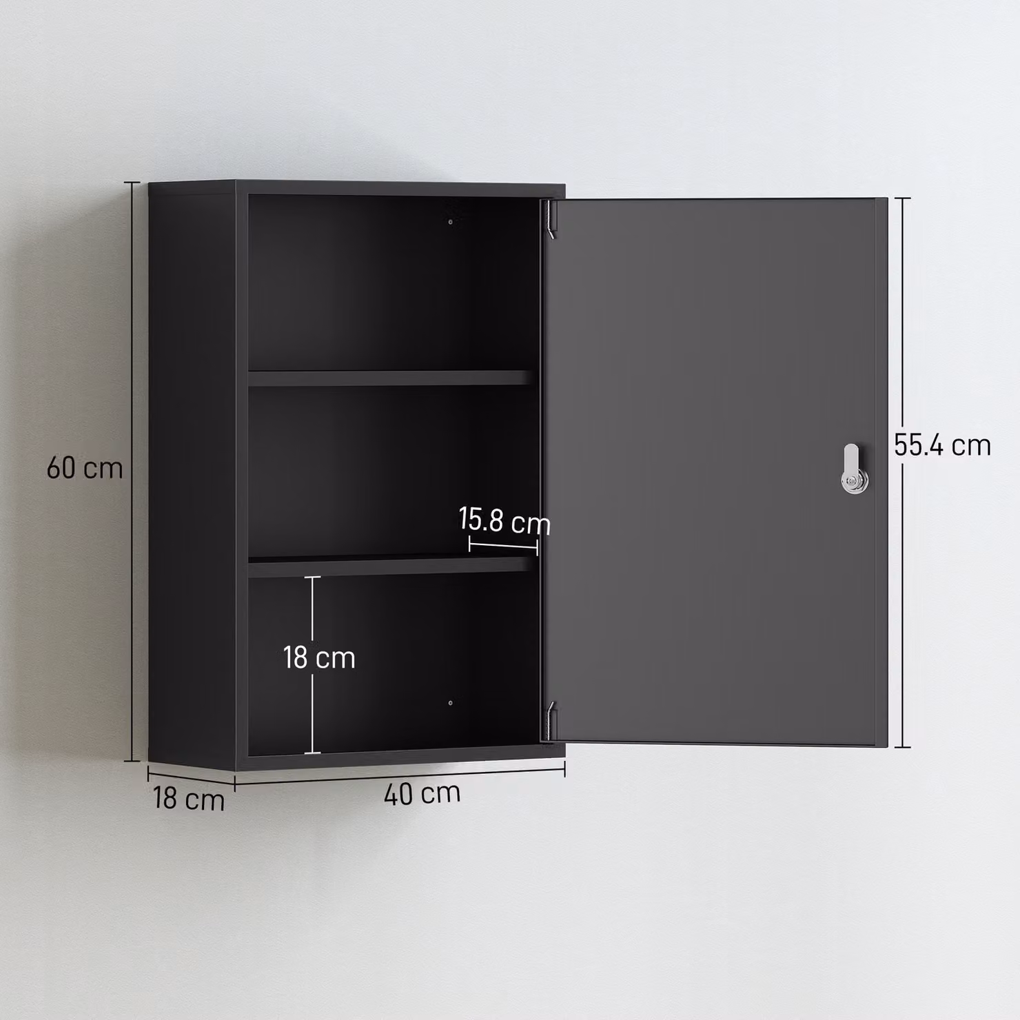 kleankin Lockable 3-Tier Steel Wall Mount Medicine Cabinet with Internal Shelves and Hinged Doors, Black – 3