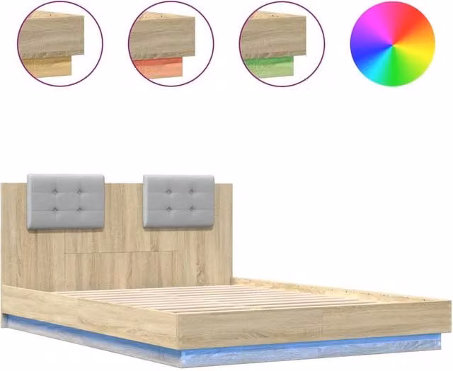 Berkfield Home Sonoma Oak Bed Frame with LED Lighting and USB Charging Port, Light Oak, W: 140 cm, D: 200 cm