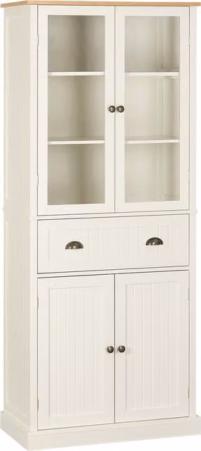 HOMCOM Freestanding Tall Kitchen Cupboard with Glass Doors and Internal Shelves, White, H 182.5 x W 76.0 x D 45.8 cm