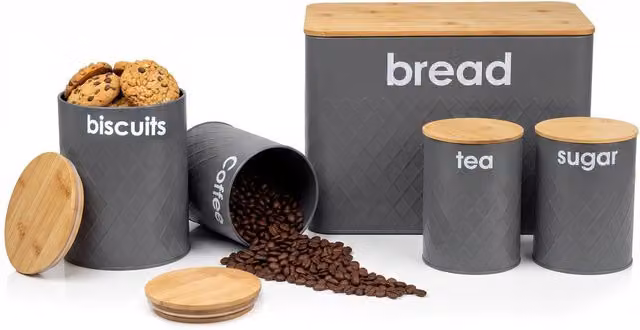 Crystals Grey 5 Piece Airtight Kitchen Storage Set with Bread Bin and Matching Geometric Canisters