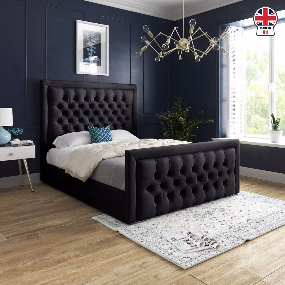 KDMD Swanscombe Modern Upholstered Designer Bed Frame in Black Soft Velvet, W/D/H: 137 x 120 x 200 cm – 3