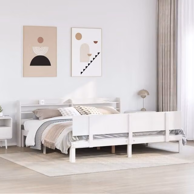 Berkfield Home White Solid Wood Bed Frame with Headboard and USB Charging Port, W/D/H: 200 x 200 cm