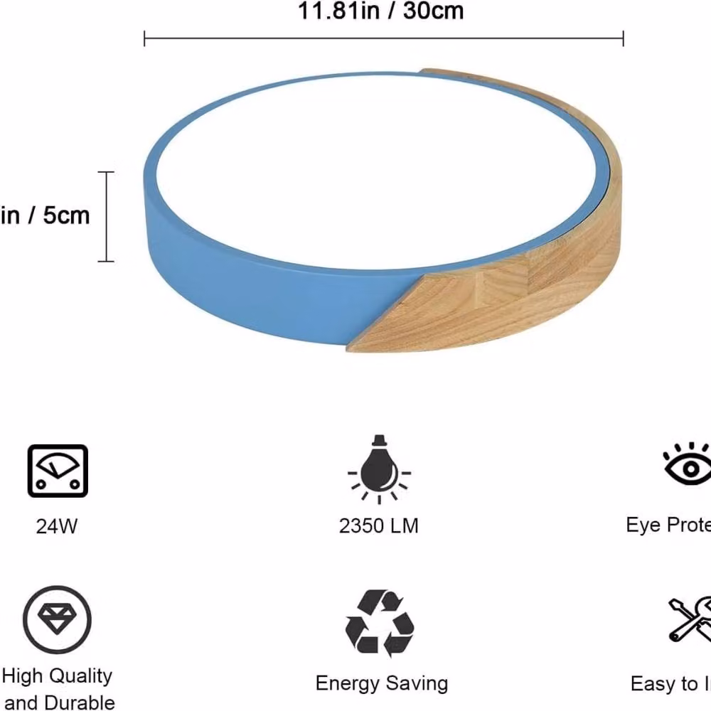 Kelvenix Modern Round LED Flush Ceiling Light in Blue and Wood with Cool White Light – 2