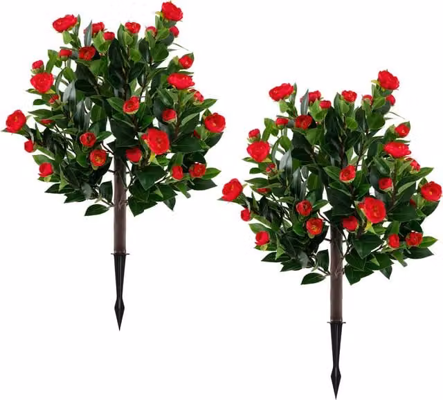 Set of 2 COSTWAY Artificial Camellia Trees in Green and Red
