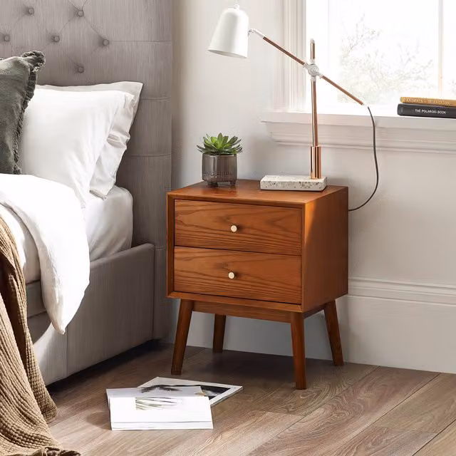 Julian Bowen Aron Lowry 2 Drawer Retro Bedside Table in Cherry and Ash Wood with Gold and Black Accents