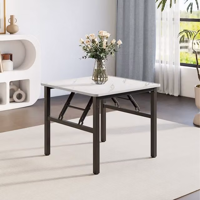 Komore Foldable Square Coffee Table with Marble Effect in White and Black, Width: 60 cm
