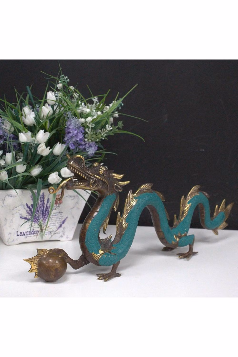 KDMD Turquoise Metal Oriental Dragon with Ball Ornament, Height: 20 cm – 3