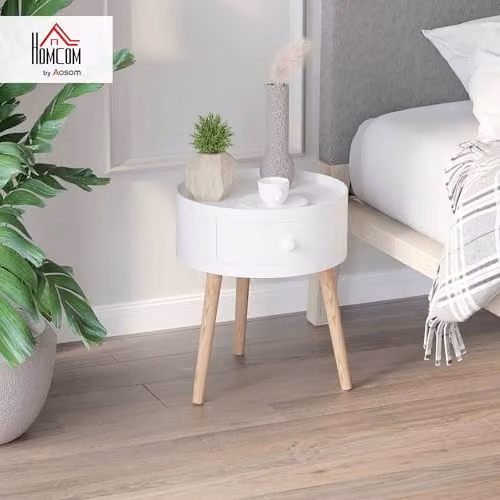 HOMCOM Modern Round Side Table with Drawer in White, W/D/H: 38 x 38 x 45 cm – 2